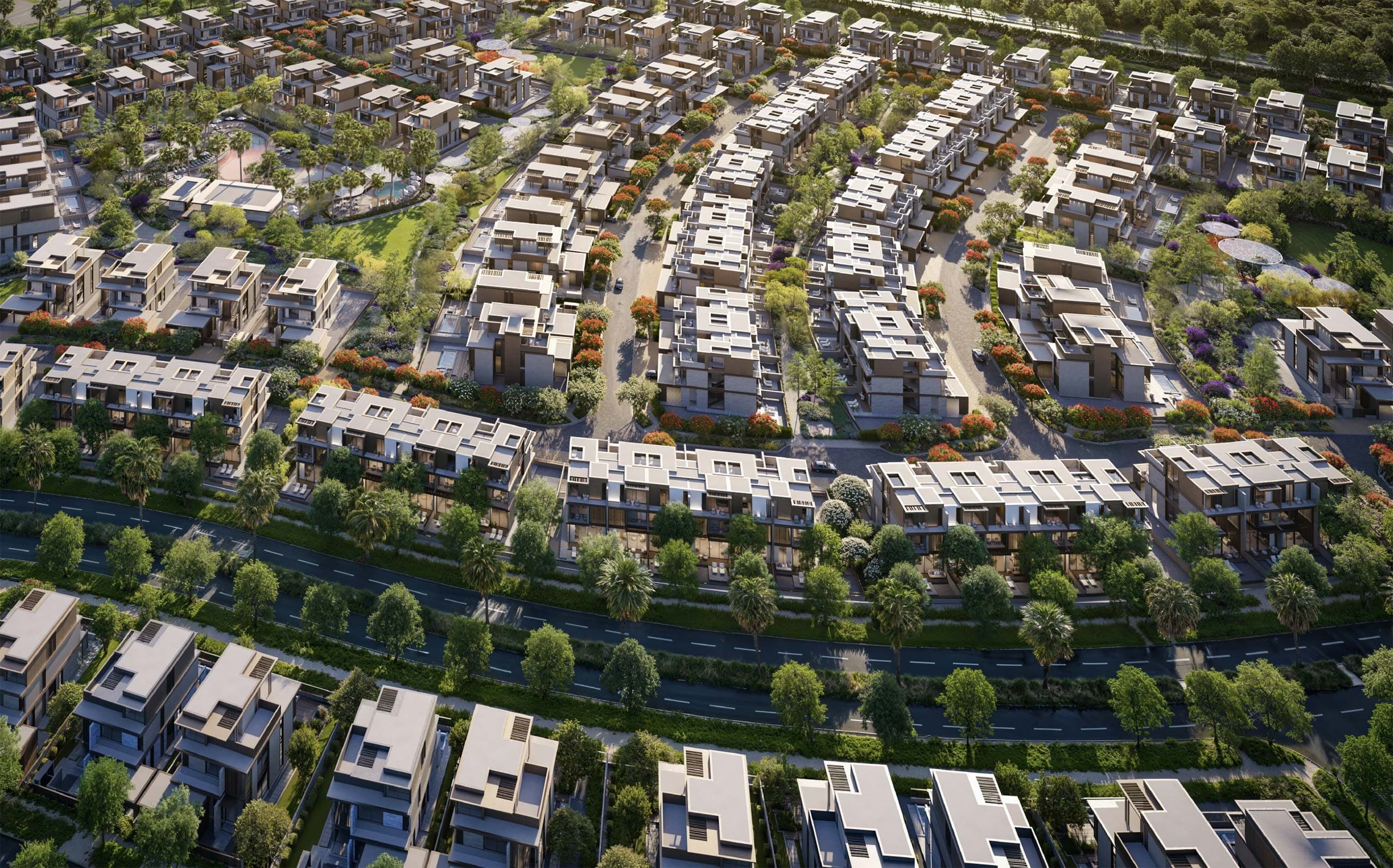 Nad Al Sheba Gardens by Meraas — aerial of the villa streets, lagoon parks and landscaping